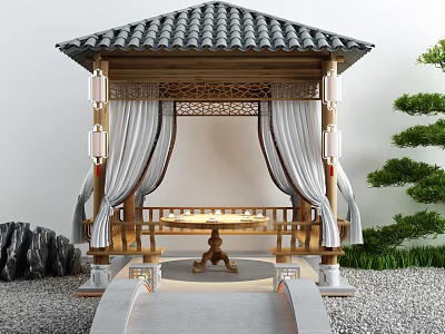 Chinese Landscape Pavilion Featuring Tile Roof Wooden Structure Intricate Carvings White Curtains And Green Plants 3d model
