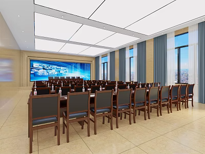 Bright Modern Conference Room Interior With Large Screen Tables Chairs Windows And Curtains 3d model