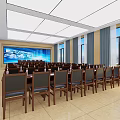 Bright Modern Conference Room Interior With Large Screen Tables Chairs Windows And Curtains