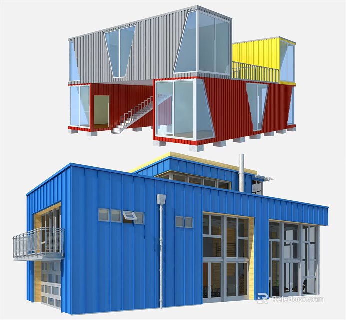 Modern Container Building Design With Blue Red Yellow Gray Structures Stairs And Balconies 3d model 