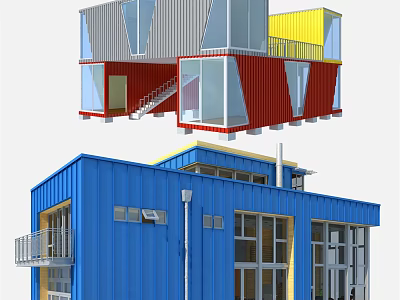 Modern Container Building Design With Blue Red Yellow Gray Structures Stairs And Balconies 3d model
