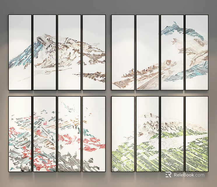 Multi Panel Landscape Paintings Featuring Mountain Scenery Various Colors And Artistic Styles 3d model
