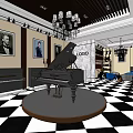 Elegant Piano Store Interior With Grand Piano Paintings Chandelier And Checkered Floor
