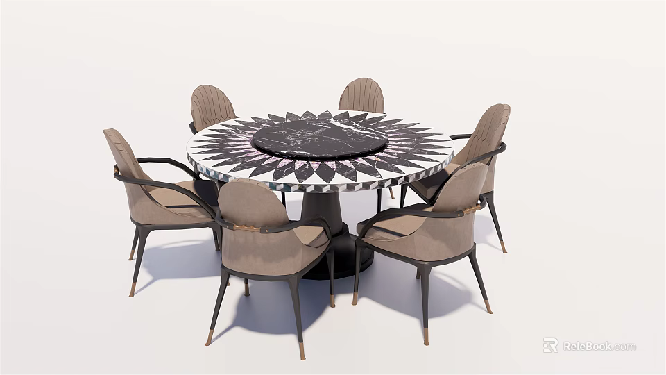 Modern Round Dining Table Set With Six Light Brown Chairs And Black White Patterned Top 3d model 