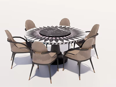 Modern Round Dining Table Set With Six Light Brown Chairs And Black White Patterned Top 3d model
