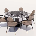 Modern Round Dining Table Set With Six Light Brown Chairs And Black White Patterned Top 3d model