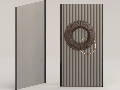 Modern Room Divider With Black Frame Striped Panel And Circular Metallic Decor 3d model