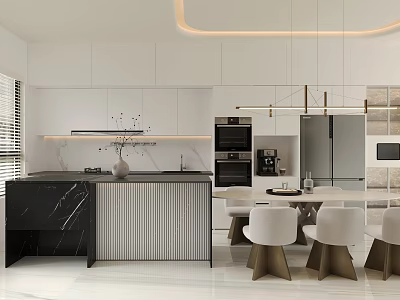 Modern Restaurant Interior Design With Dining Table Chairs Pendant Lights And Marble Counter 3d model