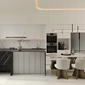 Modern Restaurant Interior Design With Dining Table Chairs Pendant Lights And Marble Counter