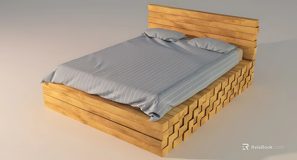 Wooden Double Bed with Slat Headboard Geometric Frame and Gray Striped Bedspread Pillows 3d model 