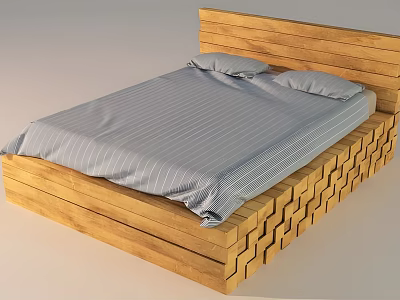 Wooden Double Bed with Slat Headboard Geometric Frame and Gray Striped Bedspread Pillows 3d model