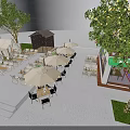 Outdoor Restaurant Nighttime Ambiance With Wooden Cabin Decor Outdoor Seating Umbrellas Trees And Neon Signage