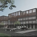 Modern Office Building With Glass Curtain Walls Wooden Elements Trees Cars And Street Landscaping