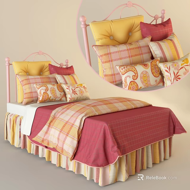 Double Bed With Pink Headboard And Plaid Pattern Bedspread With Floral Pillows 3d model 