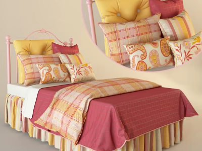 Double Bed With Pink Headboard And Plaid Pattern Bedspread With Floral Pillows 3d model