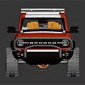 Red Ford Bronco Off Road Vehicle With White Roof Yellow Interior And Large Tires