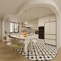 Modern Kitchen Interior With White Cabinets Tiled Backsplash Pendant Lights And Checkerboard Floor