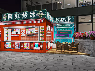 Trendy Stir Fried Ice Cream Dessert Shop With Outdoor Seating And Vibrant Red Decor 3d model