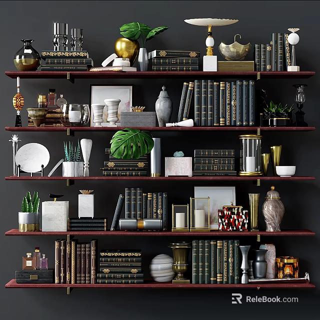 Stylish Decorative Ornament Set on Multi Layered Shelves with Books Plants Vases Frames and Sculptures 3d model 