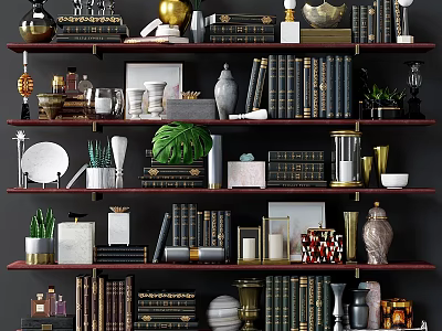 Stylish Decorative Ornament Set on Multi Layered Shelves with Books Plants Vases Frames and Sculptures 3d model