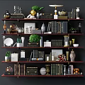 Stylish Decorative Ornament Set on Multi Layered Shelves with Books Plants Vases Frames and Sculptures