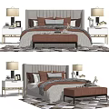 Modern Double Bed With Brown Gray Bedding Nightstands Table Lamps And Bench 3d model