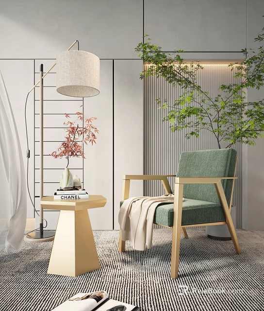 Modern Single Armchair Living Corner With Side Table Books Vase Floor Lamp And Green Plants 3d model 