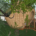 Honeycomb Shaped Wooden House Surrounded by Trees with Wooden Stairs and Railings