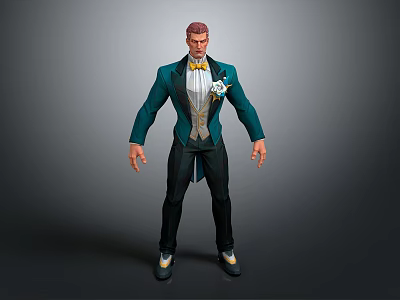 Man In Green Suit With White Shirt Yellow Bow Tie And Badge On Gray Background 3d model
