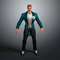 Man In Green Suit With White Shirt Yellow Bow Tie And Badge On Gray Background