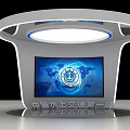 Modern Tech Exhibition Hall Featuring Water Transportation With Curved Display Stand And World Map Screen