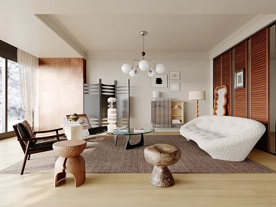 Stylish Modern Living Room Interior With White Sofa Glass Coffee Table And Wooden Elements 3d model