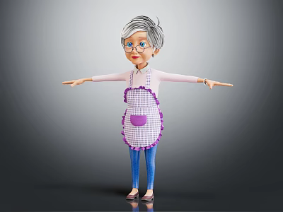 Cartoon Grandma Character With Gray Hair Glasses And Purple Checkered Apron Standing With Arms Outstretched 3d model
