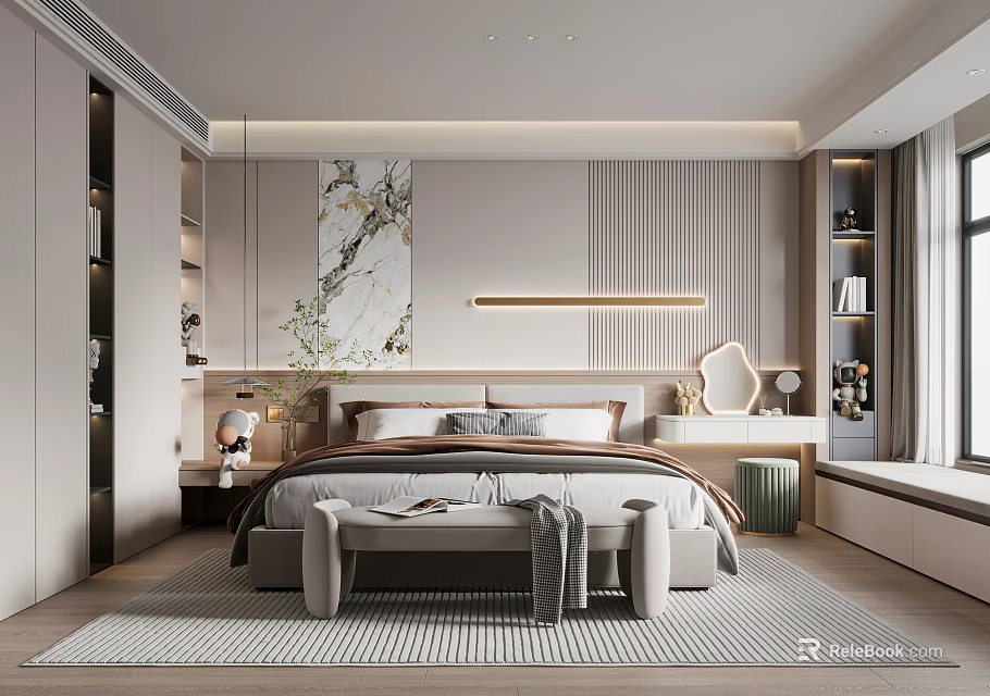 Modern Bedroom Interior Design With Large Painting Pendant Lights Natural Light And Soft Rug 3d model 