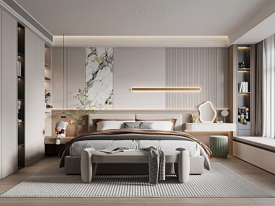Modern Bedroom Interior Design With Large Painting Pendant Lights Natural Light And Soft Rug 3d model