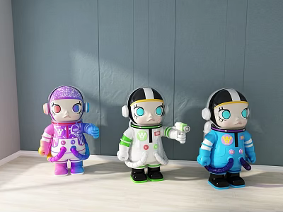 Astronaut Themed Plush Dolls In Pink White And Blue Space Costumes 3d model