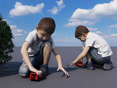 Two Boys Playing With Red Toy Cars Outdoor Under Blue Sky And Tree 3d model