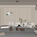 Modern Living Room Interior With White Sofa Round Coffee Table Striped Rug And Plants