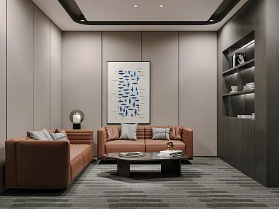 Modern Hotel Public Lounge Area With Brown Sofas Coffee Table Decorative Painting And Wall Cabinets 3d model
