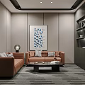 Modern Hotel Public Lounge Area With Brown Sofas Coffee Table Decorative Painting And Wall Cabinets