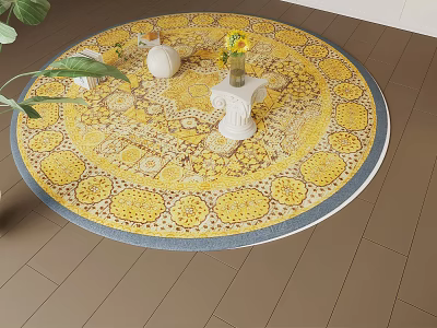 Yellow Patterned Round Rug With Vase Flowers And Green Plant On Wooden Floor 3d model