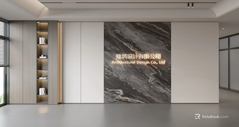 Modern Office Interior With Marble Backdrop Wall And Wooden Bookshelves 3d model 