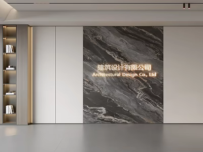Modern Office Interior With Marble Backdrop Wall And Wooden Bookshelves 3d model