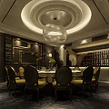 Elegant Private Dining Room With Round Table Luxury Chairs Chandelier And Wine Rack Decor