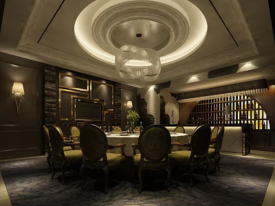 Elegant Private Dining Room With Round Table Luxury Chairs Chandelier And Wine Rack Decor 3d model