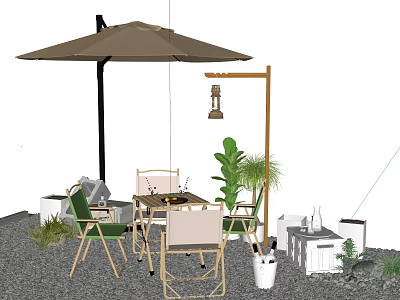 Outdoor Landscape Seats With Large Umbrella Green Plants And Wooden Table 3d model