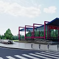 Modern Bus Stop With Pink Frame Blue Canopy Red Signboard Green Trees And Shared Bicycles