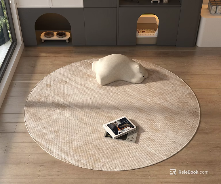Round Area Rug In Living Room With White Bear Decoration And Magazine On Wooden Floor 3d model 
