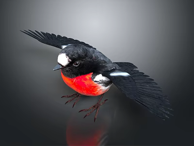 Black Winged Bird with White Head Patch and Red Chest Flying Against Gray Background 3d model