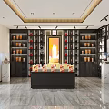 Specialty Store Interior With Bright Lighting Marble Floor Central Counter And Boxed Products On Shelves